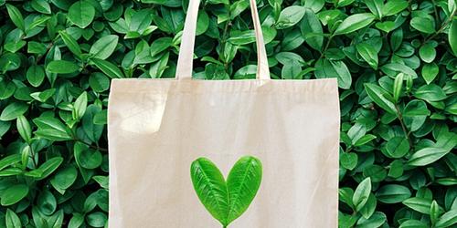 Shopping bag with green heart, indicating the concept of sustainability